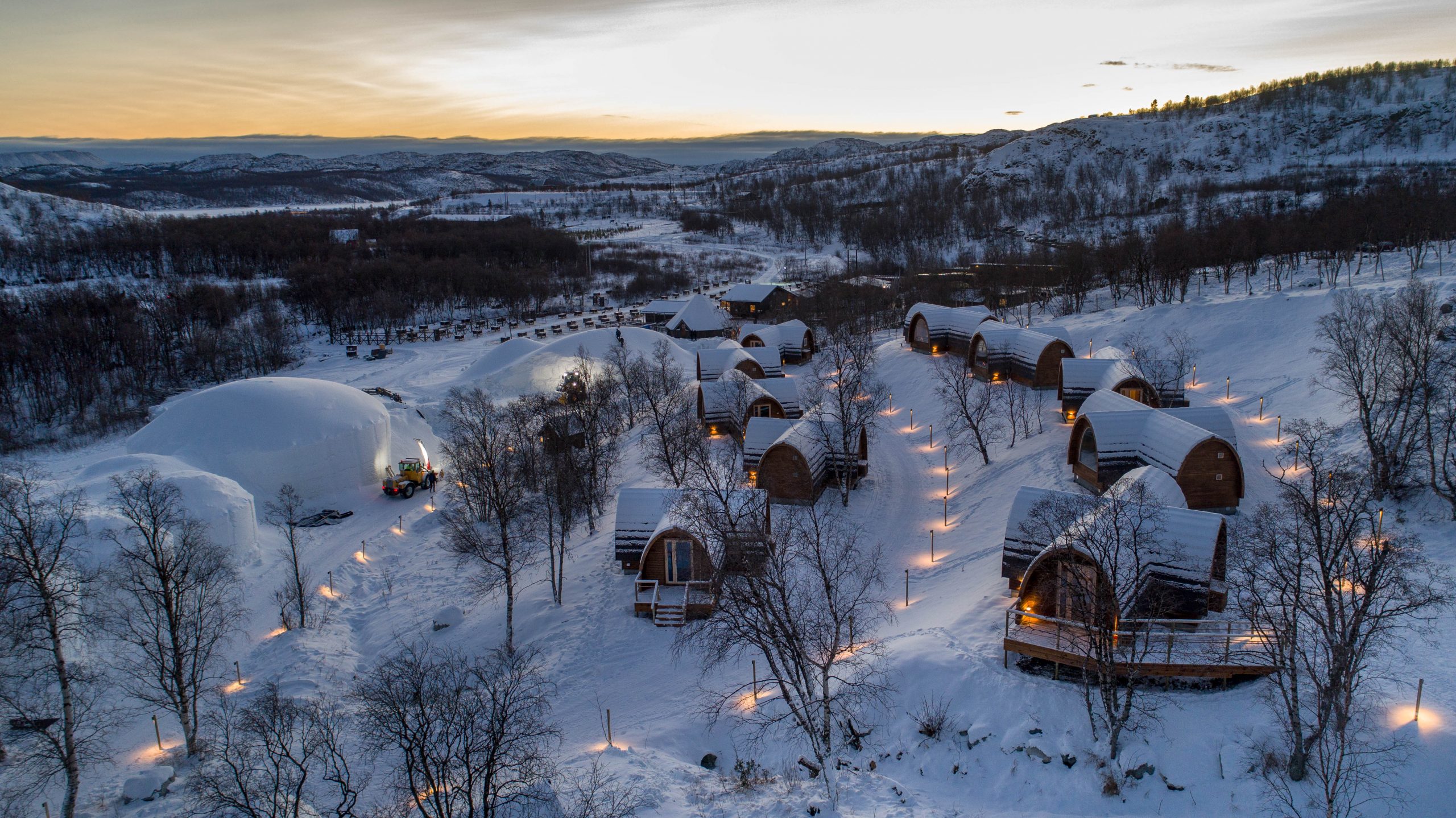 Winter aerial view of Gamme Cabins