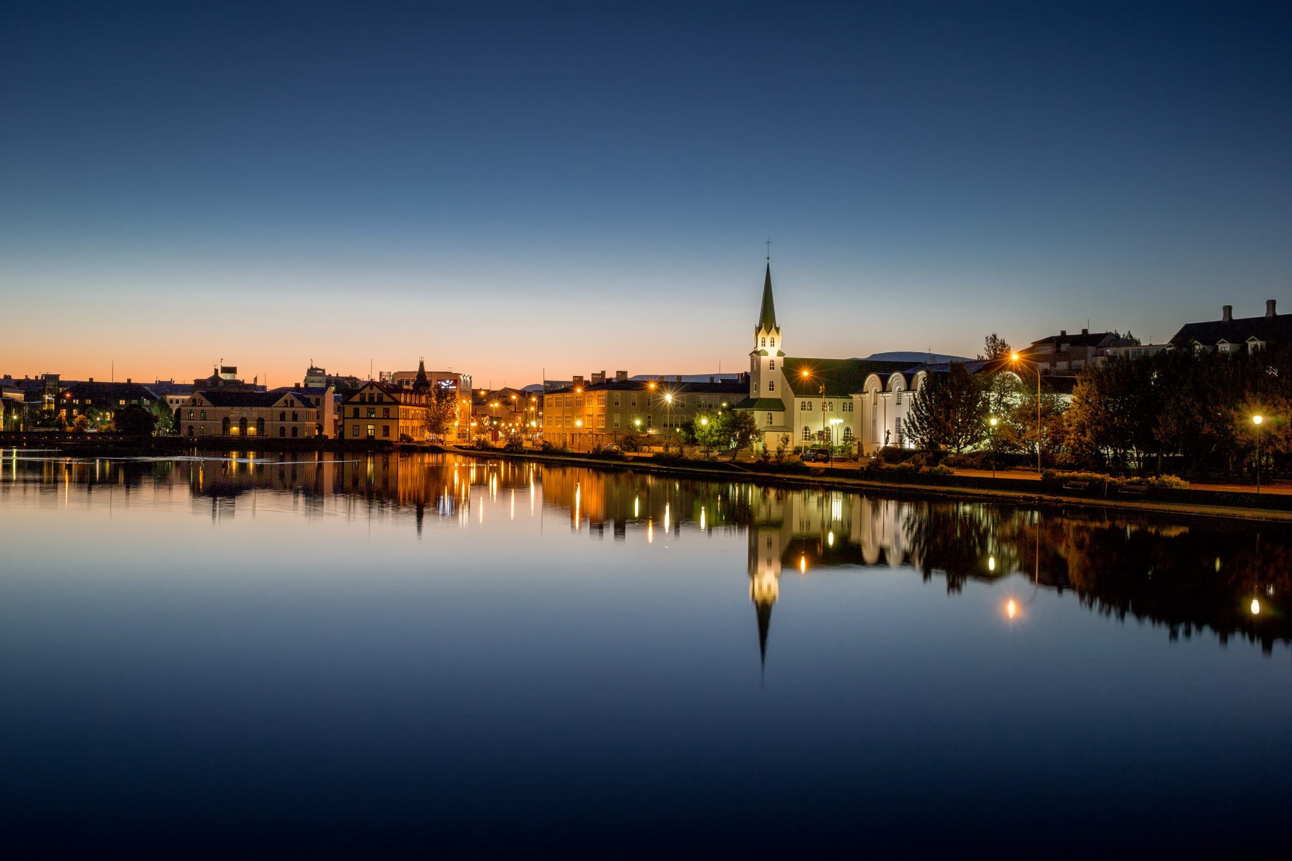 The sparkling evening lights of Reykjavik, Iceland