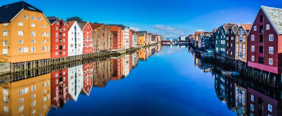 Panoramic view of the famous wooden coloured houses in Trondheim